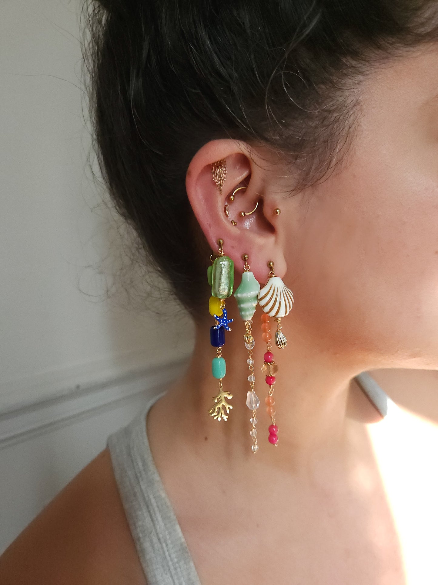Boucle d'oreille modulable acier inoxydable et doré à l'or fin, a l’unité, coquillage, etoile et tortue de mer, corail, fleurs