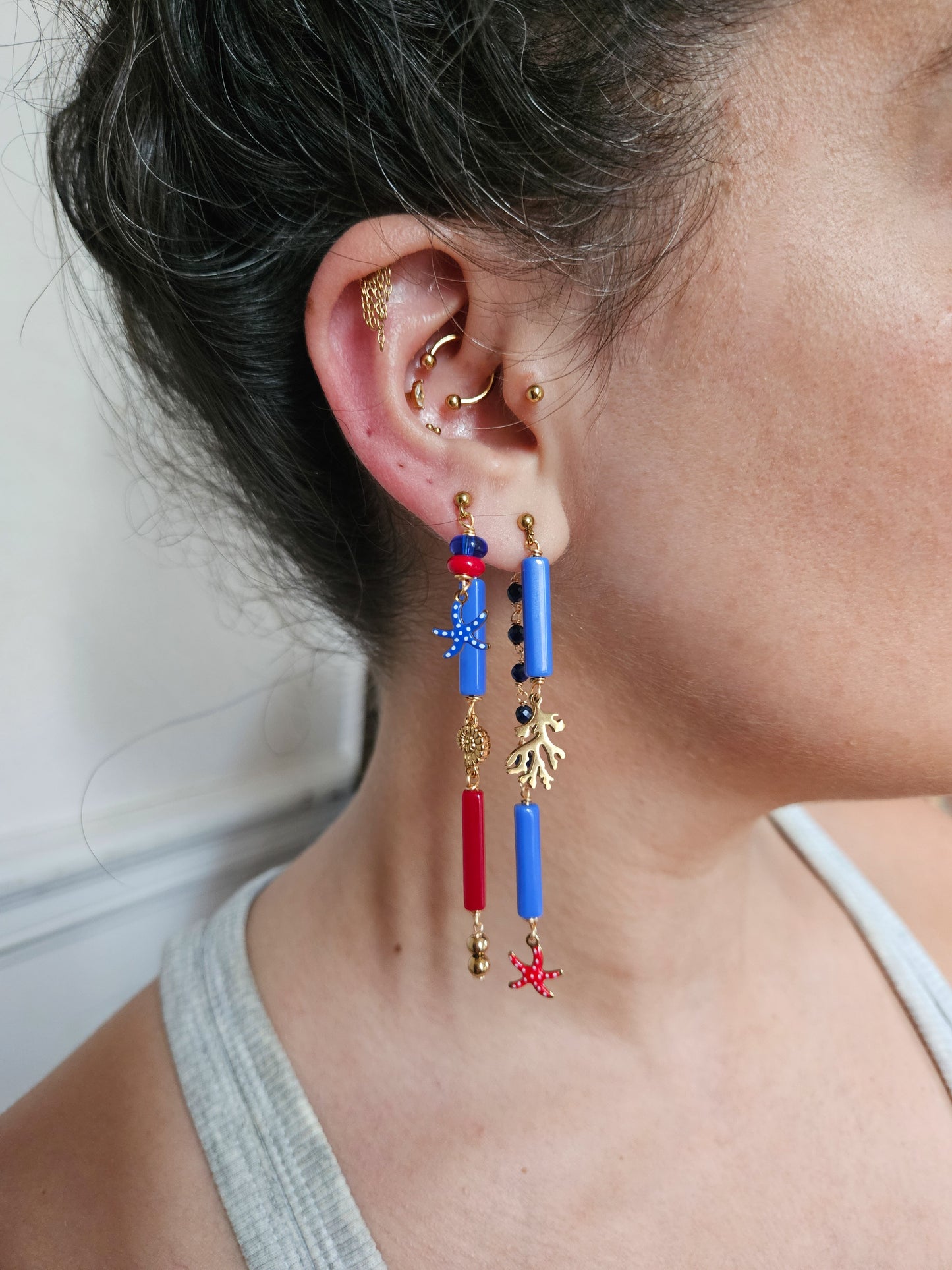 Boucle d'oreille modulable acier inoxydable et doré à l'or fin, a l’unité, coquillage, etoile et tortue de mer, corail, fleurs