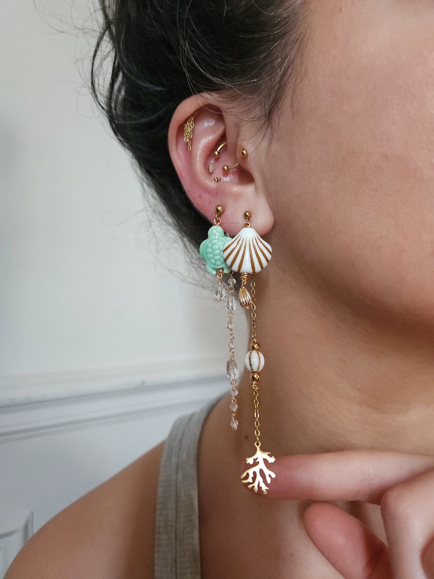 Boucle d'oreille modulable acier inoxydable et doré à l'or fin, a l’unité, coquillage, etoile et tortue de mer, corail, fleurs