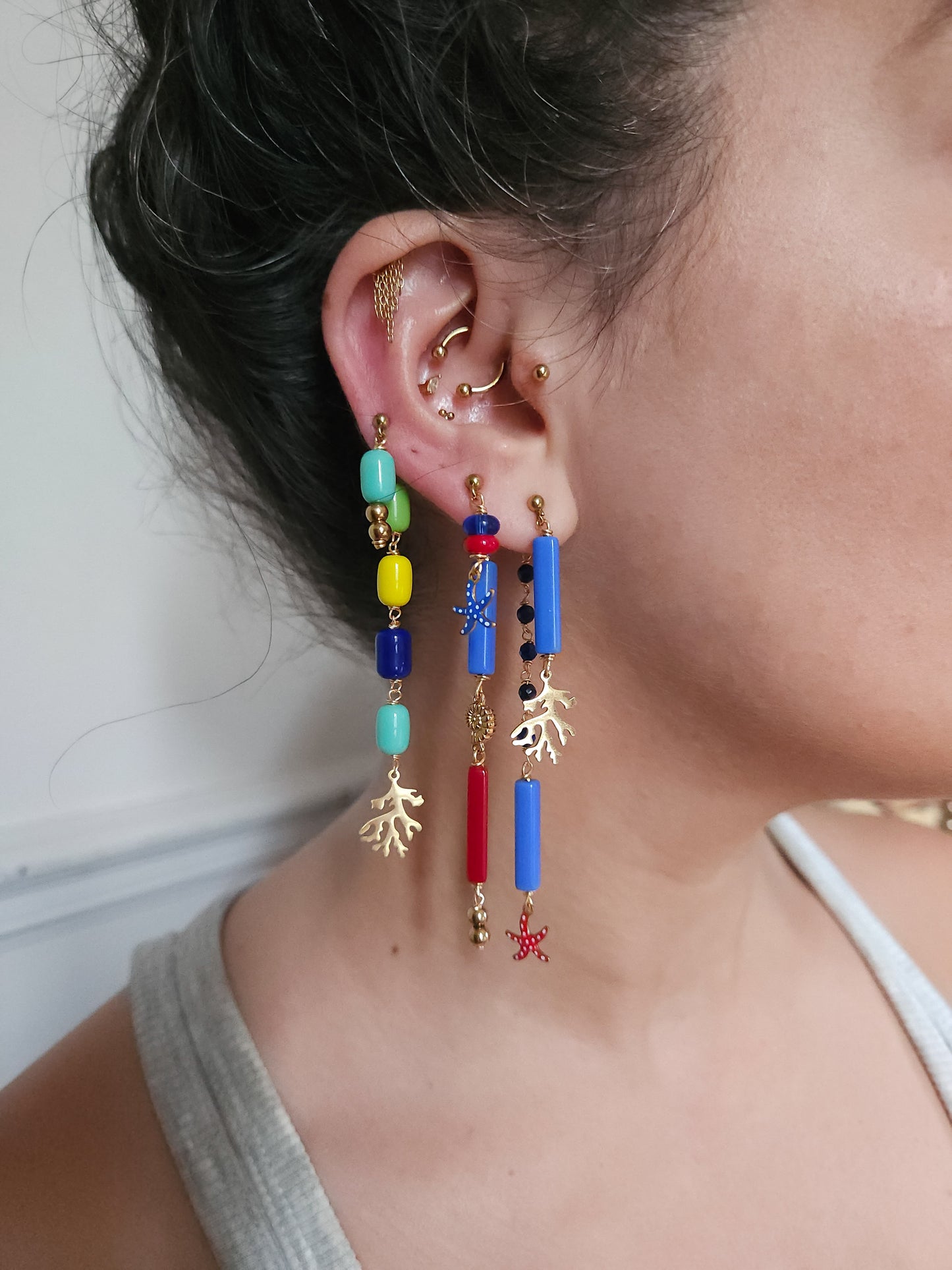 Boucle d'oreille modulable acier inoxydable et doré à l'or fin, a l’unité, coquillage, etoile et tortue de mer, corail, fleurs