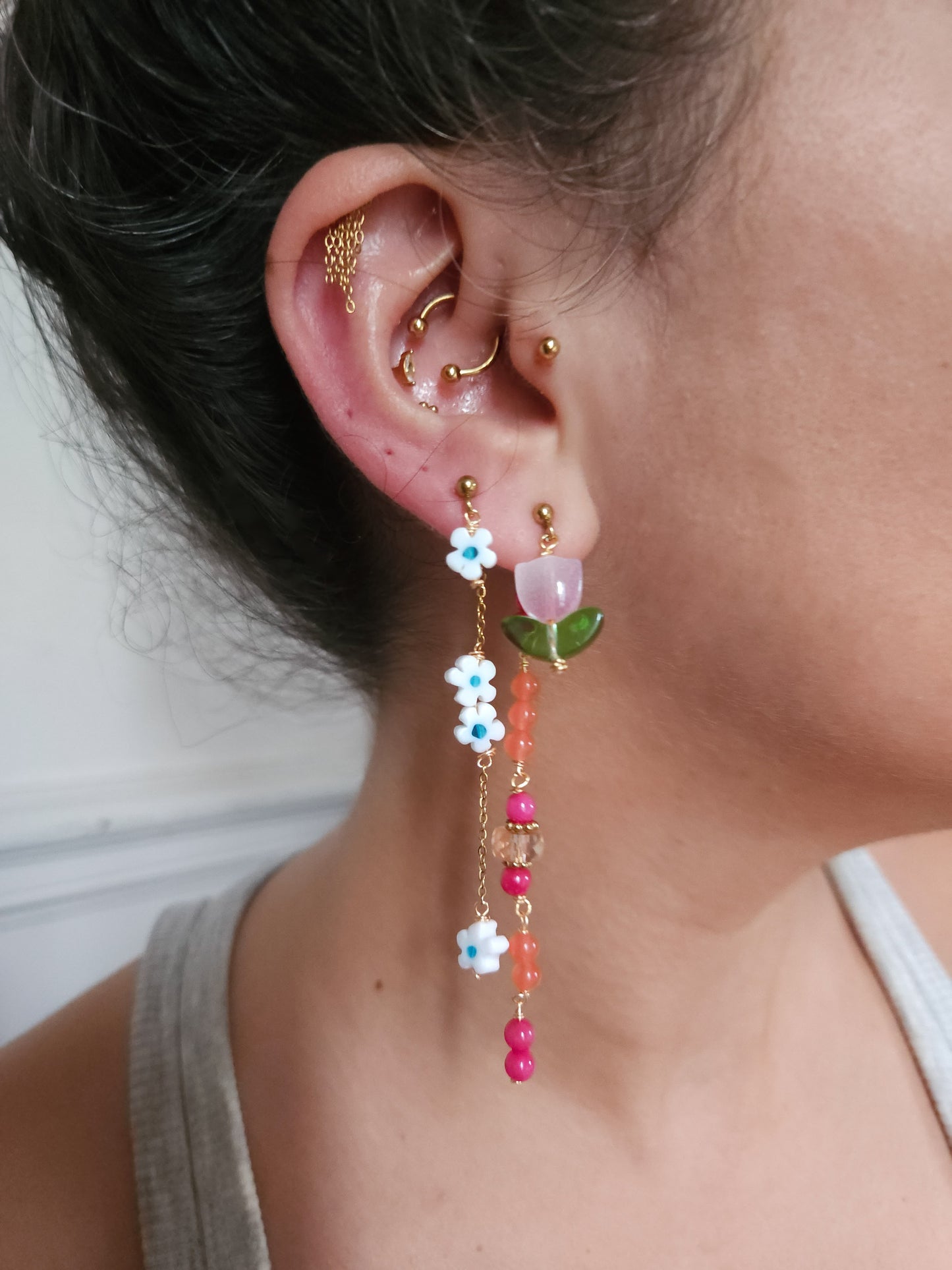 Boucle d'oreille modulable acier inoxydable et doré à l'or fin, a l’unité, coquillage, etoile et tortue de mer, corail, fleurs