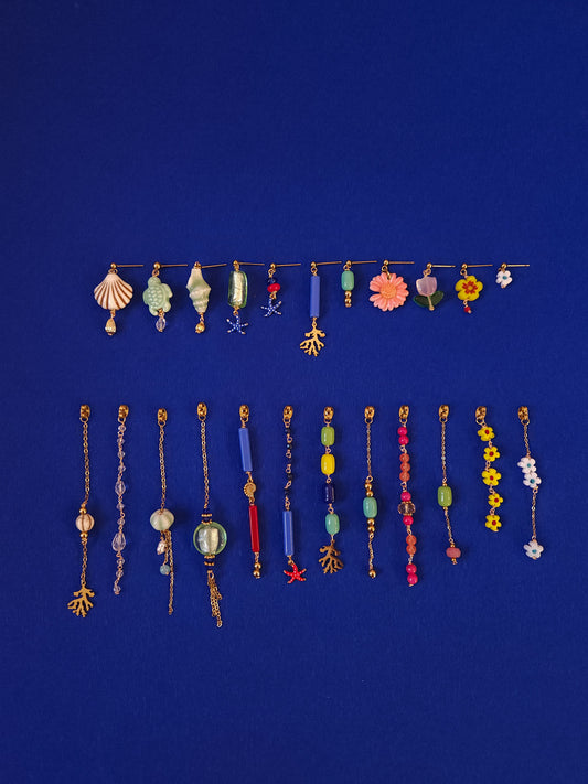 Boucle d'oreille modulable acier inoxydable et doré à l'or fin, a l’unité, coquillage, etoile et tortue de mer, corail, fleurs