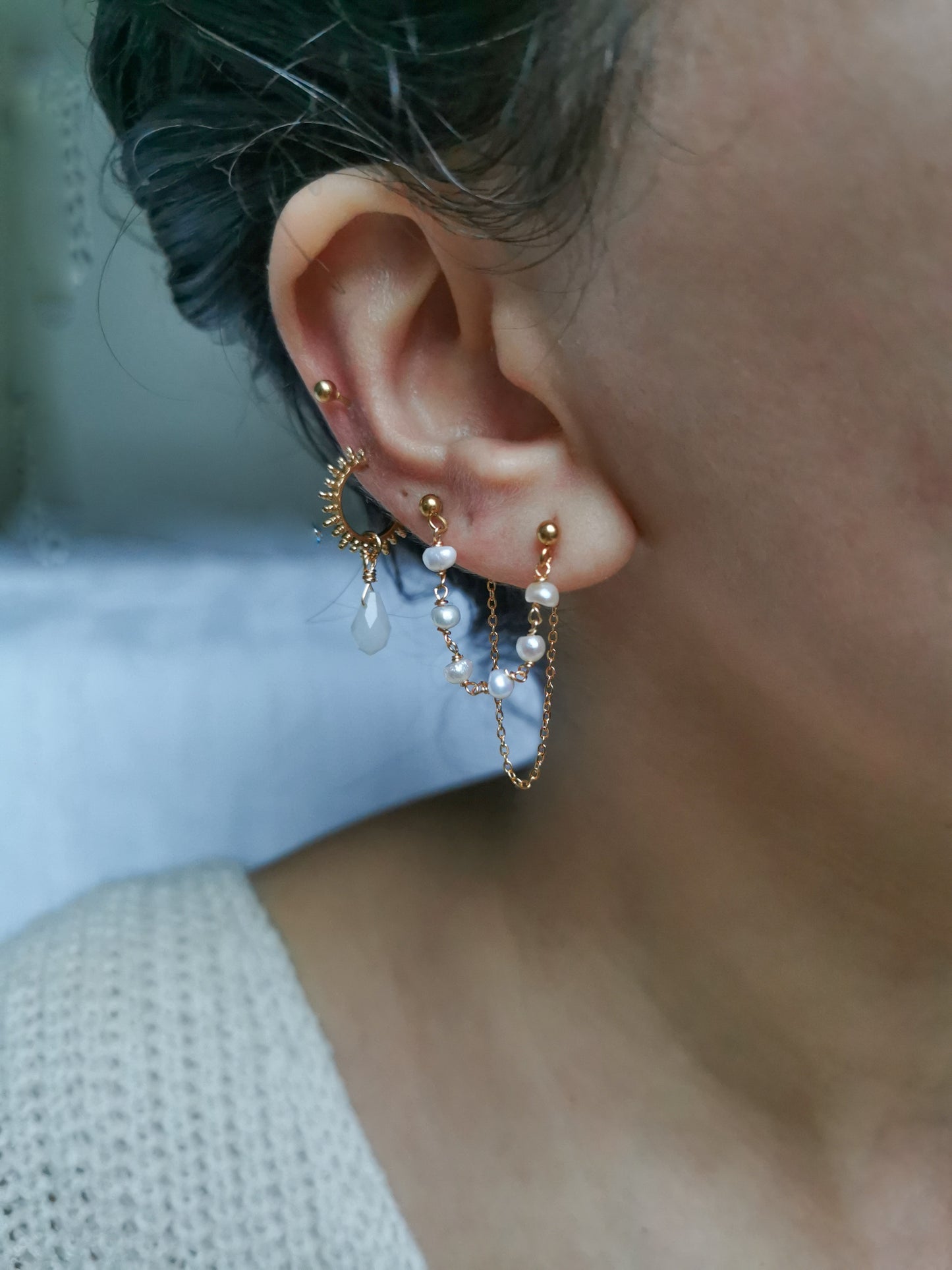 Boucle d'oreille double, chaine d'oreille perles d'eau douce, faite main